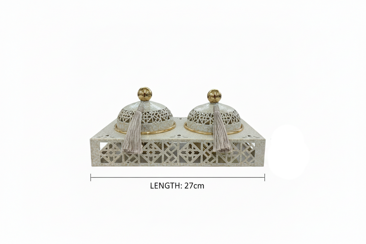 Cream & Gold Arabesque Candy Bowl with Holder — 2 Pcs Set - 27×15 cm