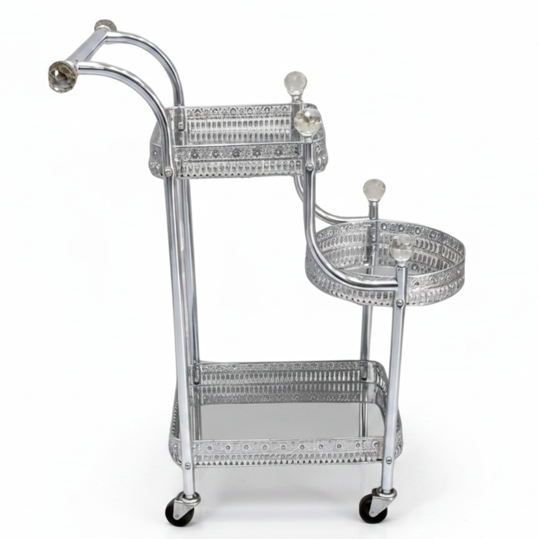 Pilsco 3-Tier Silver Chrome Metal & Glass Serving Trolley Cart with Ornate Filigree Design, Crystal Knob Accents & Rolling Casters | 67cm x 40cm x 30cm |