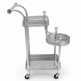 Pilsco 3-Tier Silver Chrome Metal & Glass Serving Trolley Cart with Ornate Filigree Design, Crystal Knob Accents & Rolling Casters | 67cm x 40cm x 30cm |