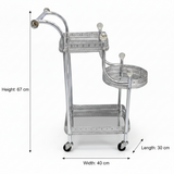 Pilsco 3-Tier Silver Chrome Metal & Glass Serving Trolley Cart with Ornate Filigree Design, Crystal Knob Accents & Rolling Casters | 67cm x 40cm x 30cm |