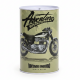 Adventure Motorcycle Vintage Enduro Metal Coin Piggy Bank Tin Box | Round Saving Box for Kids & Adults | 13×8 cm | Olive Green