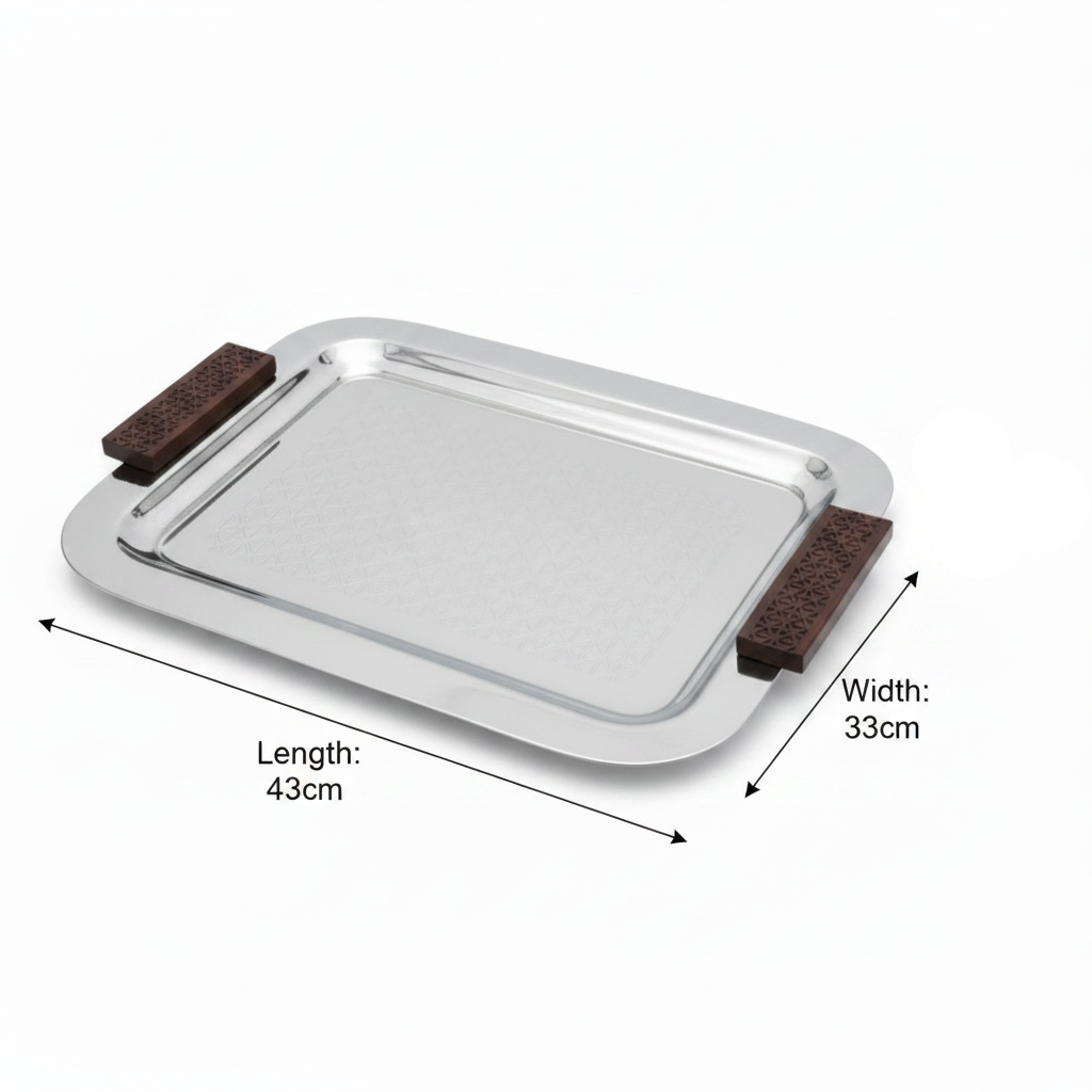 Luhpar Rectangle Stainless Steel Serving Tray with Wooden Handles - 43×33cm