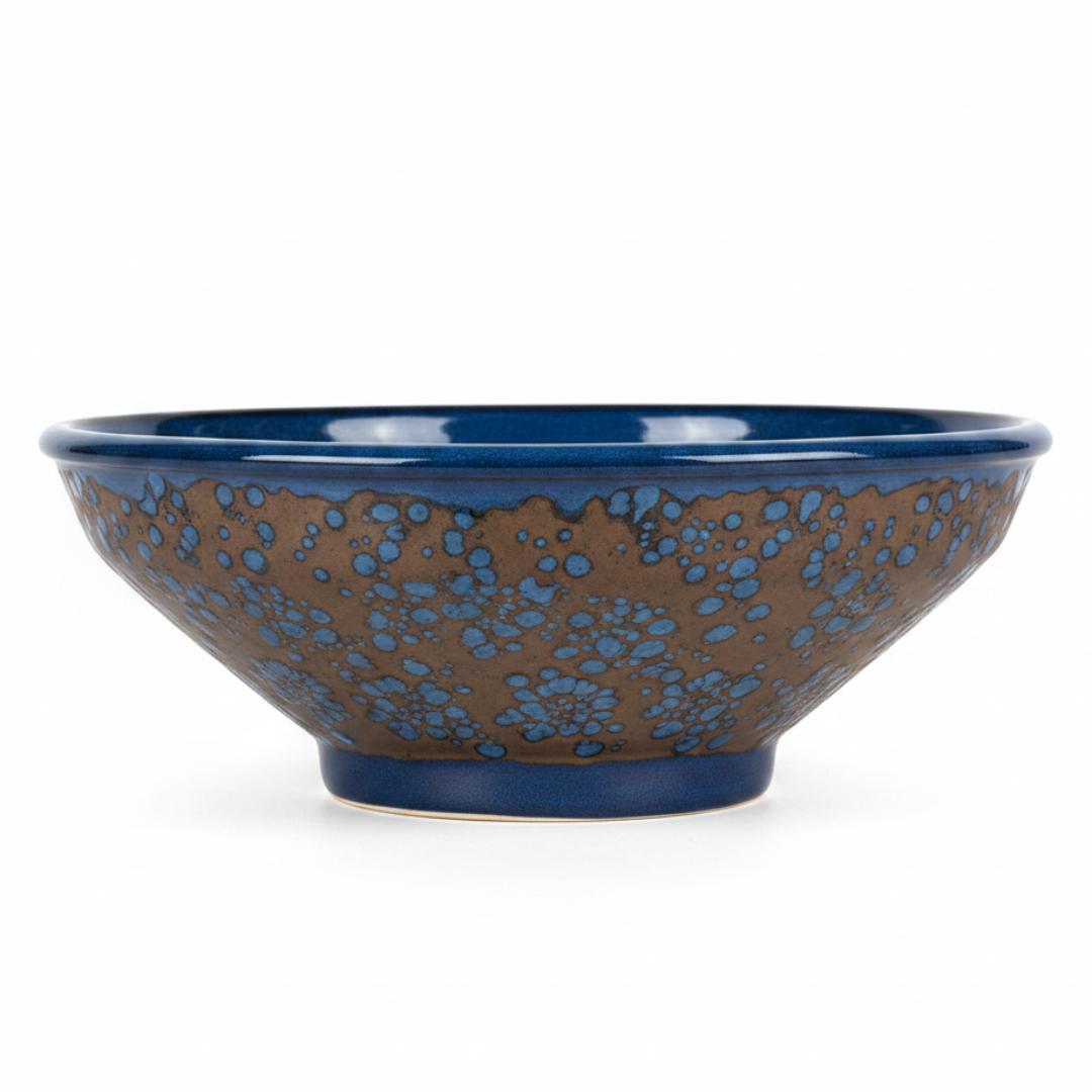 Navy Blue & Brown Round Reactive Glaze Ceramic Serving Bowl 25cm