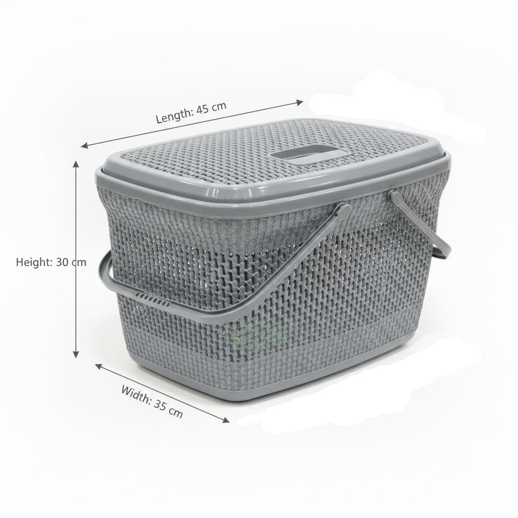 Polytime Plastic Picnic Basket with Lid & Handles - 30 × 45 × 35cm - Grey / White