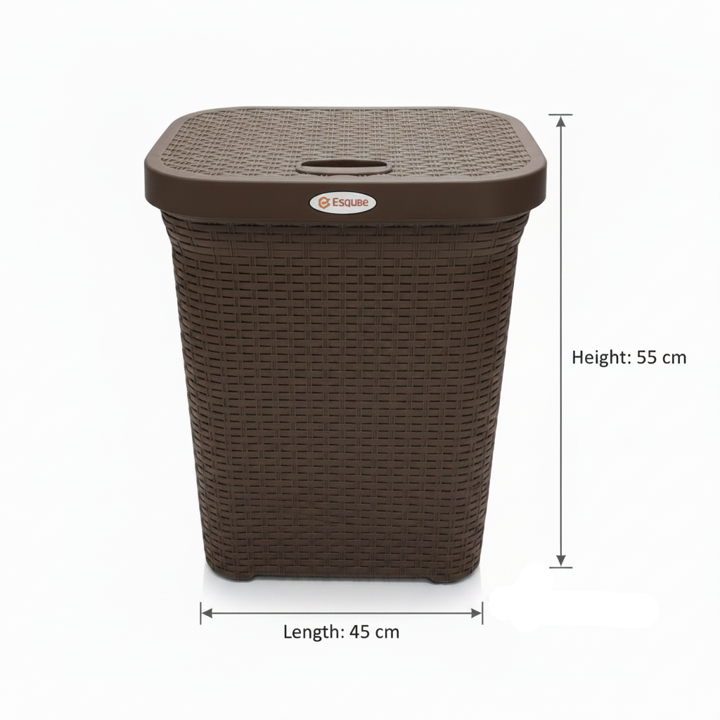Esqube Delta Plastic Laundry Basket with Lid - 55 × 45 × 33 cm - Dark Brown / Grey / Black