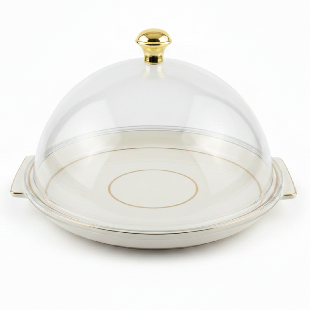 Christian Verucci Round Off-White Flat Plate with Clear Acrylic Dome Cover | Gold Knob Handle | 11.5 Inch | Elegant Serving Platter for Dates, Sweets & Pastries | Ideal for Majlis, Dining & Gifting
