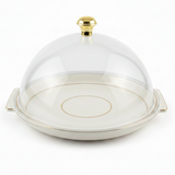 Christian Verucci Round Off-White Flat Plate with Clear Acrylic Dome Cover | Gold Knob Handle | 11.5 Inch | Elegant Serving Platter for Dates, Sweets & Pastries | Ideal for Majlis, Dining & Gifting