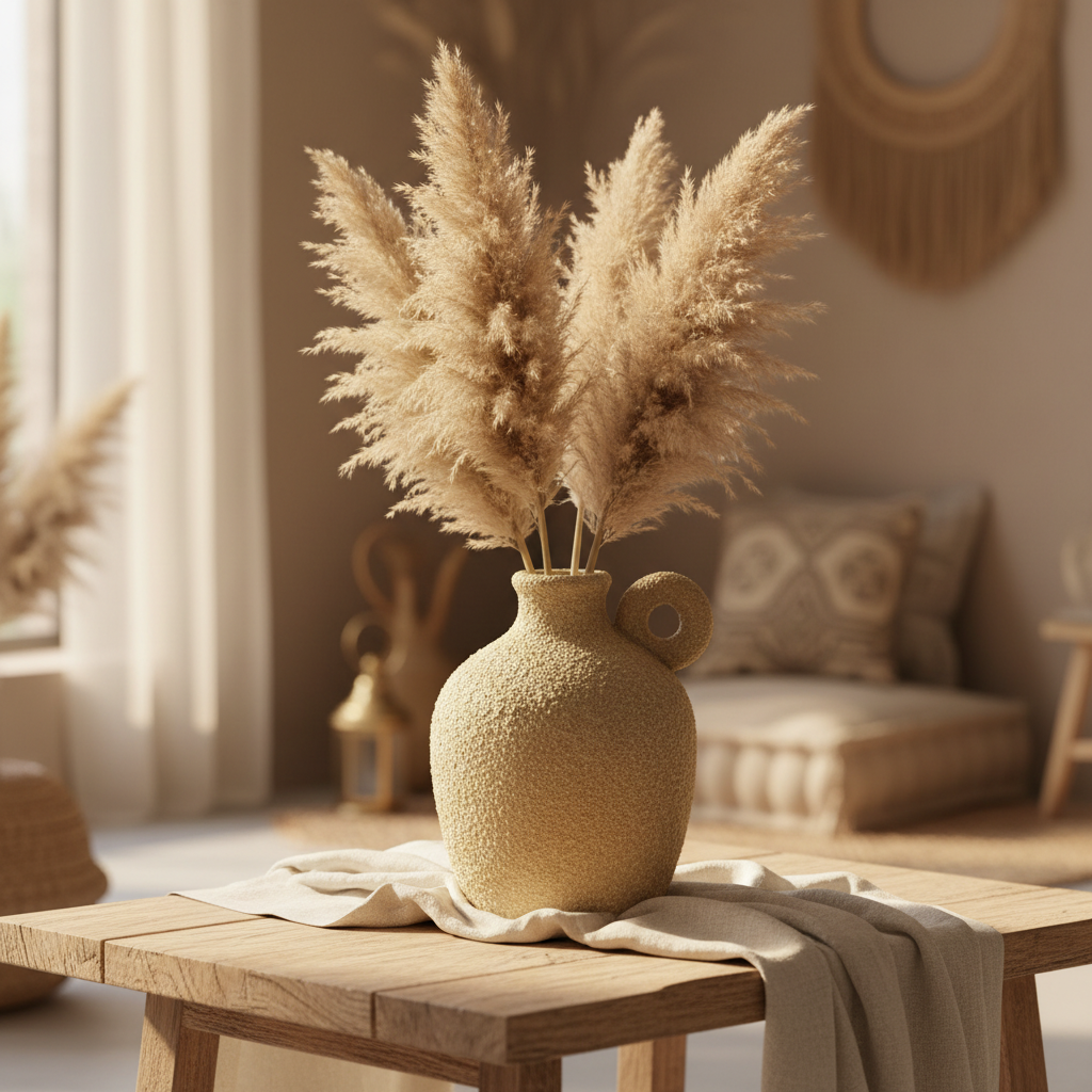 Rustic Textured Ceramic Vase 25cm | Sand-Grain Finish | Single Handle | Arabian Home Décor | Ideal for Dried Flowers & Pampas Grass