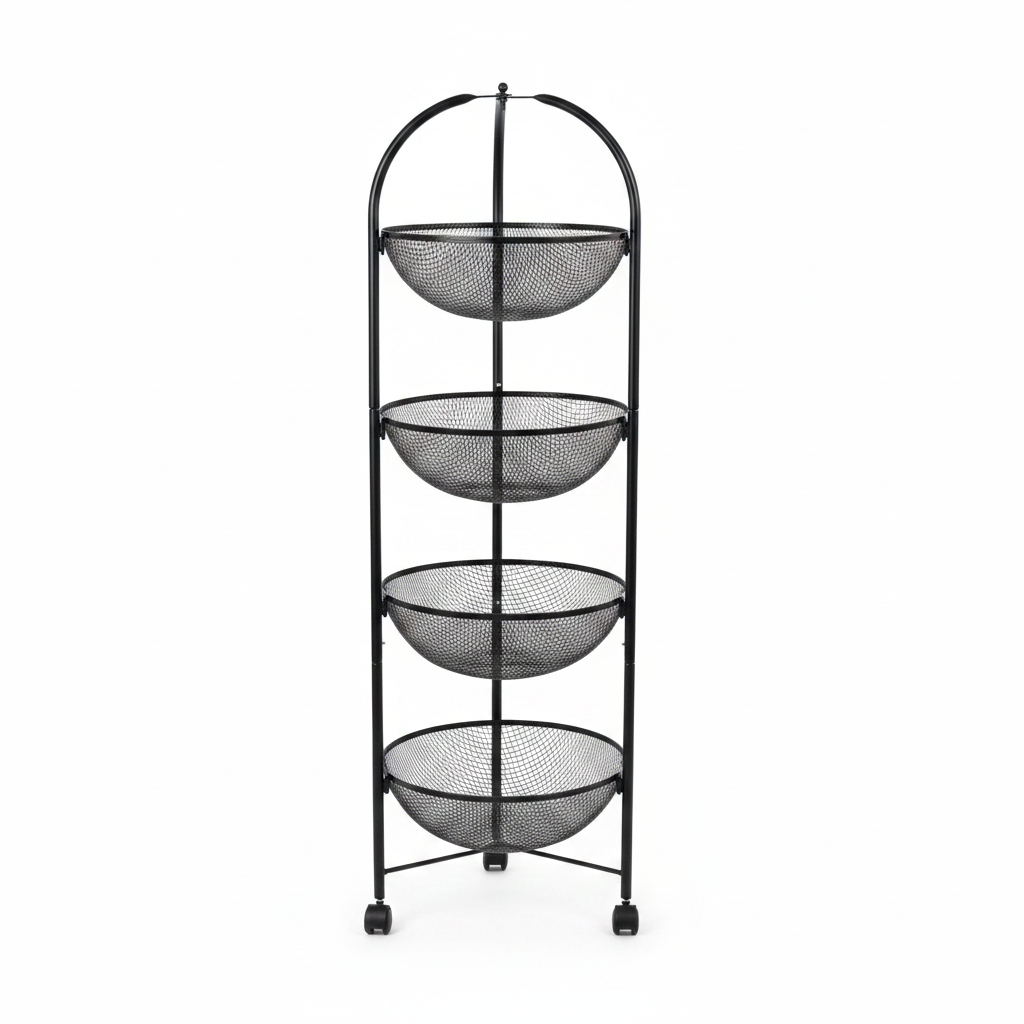 Black Metal 4-Tier Mesh Basket Stand with Wheels – 100cm