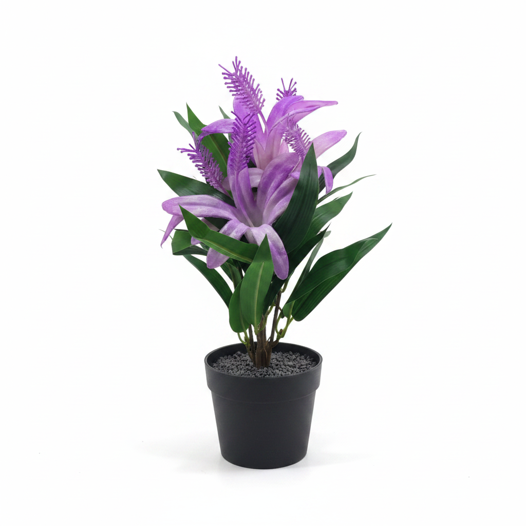 Marcolo Artificial Bromeliad Bonsai Plant with Black Plastic Pot - 28cm - 	Pink / Purple