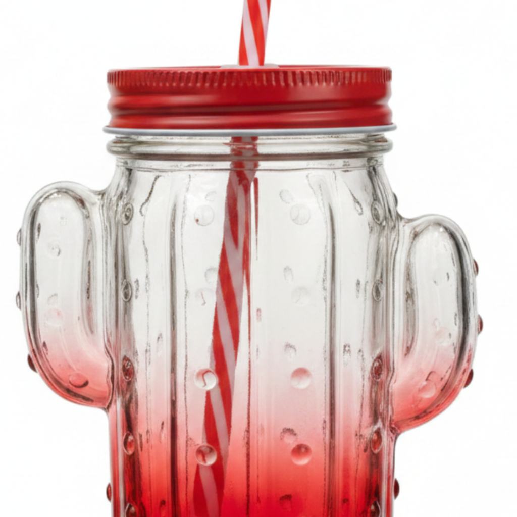 Cactus Glass Jar with Straw - 400ml - Red / Green