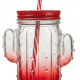 Cactus Glass Jar with Straw - 400ml - Red / Green