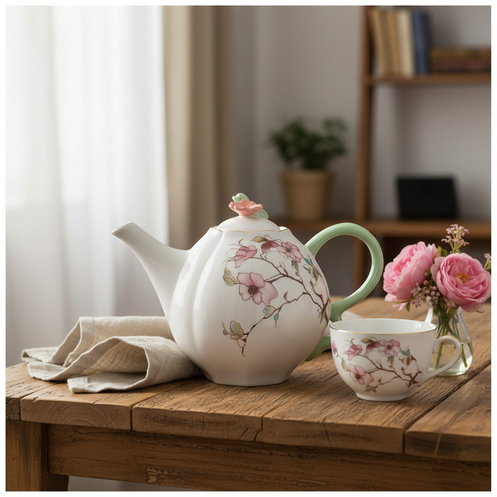 Angela White & Mint Green Ceramic Teapot - 800ml