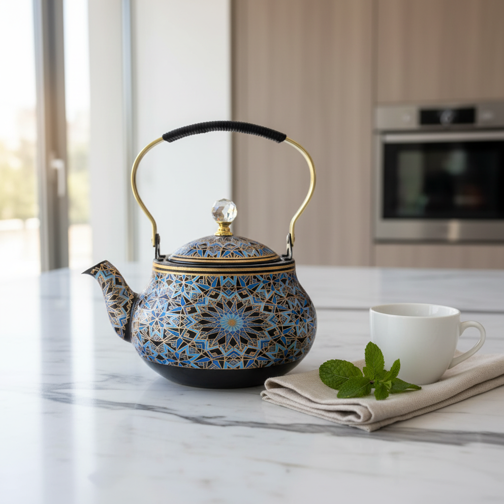 Blue & Black Enamel Metal Kettle with Islamic Geometric Mosaic Pattern, Crystal Lid Knob & Gold Handle | 1.5 Litre |