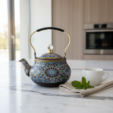 Blue & Black Enamel Metal Kettle with Islamic Geometric Mosaic Pattern, Crystal Lid Knob & Gold Handle | 1.5 Litre |