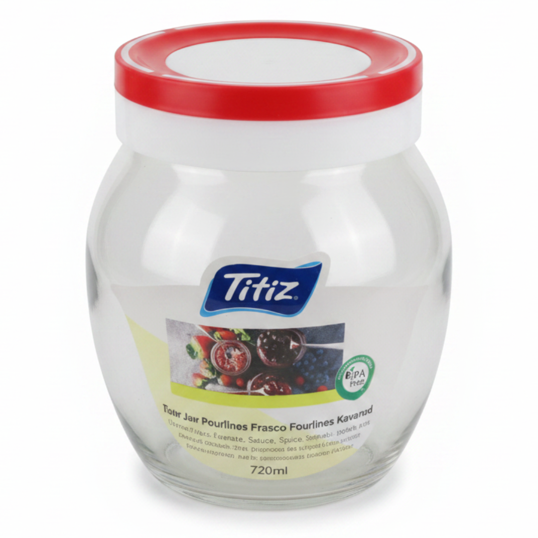 Titiz Fourlines Round Glass Storage Jar with Airtight Plastic Lid – 720ml | Blue / Red / Green |