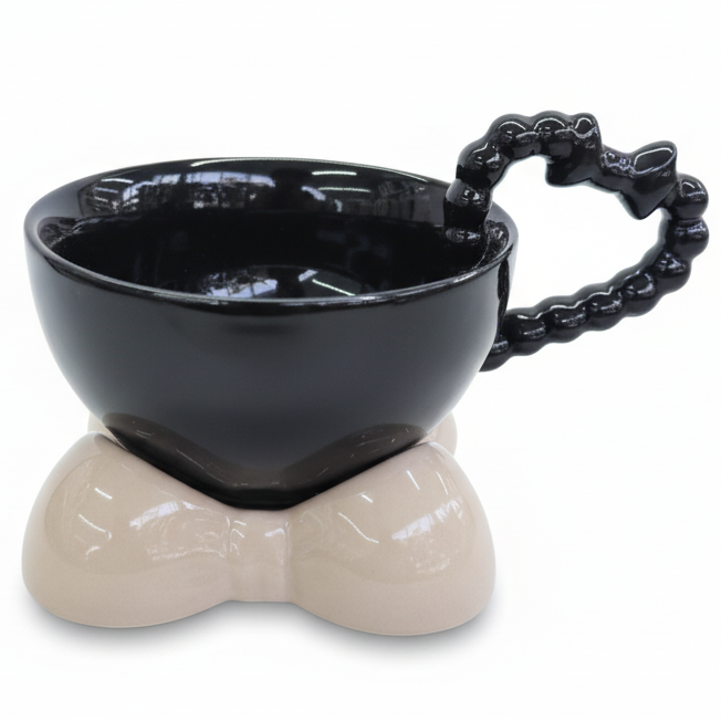 AKDC Ceramic Cup and Saucer Set – Black with Beige Flower Pattern, 300 ml Coffee & Tea Cup