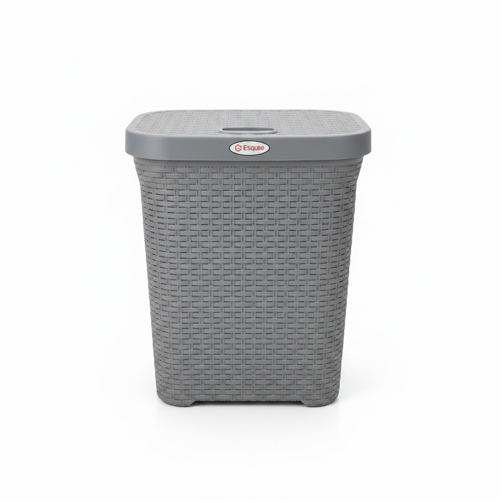 Esqube Delta Plastic Laundry Basket with Lid - 55 × 45 × 33 cm - Dark Brown / Grey / Black