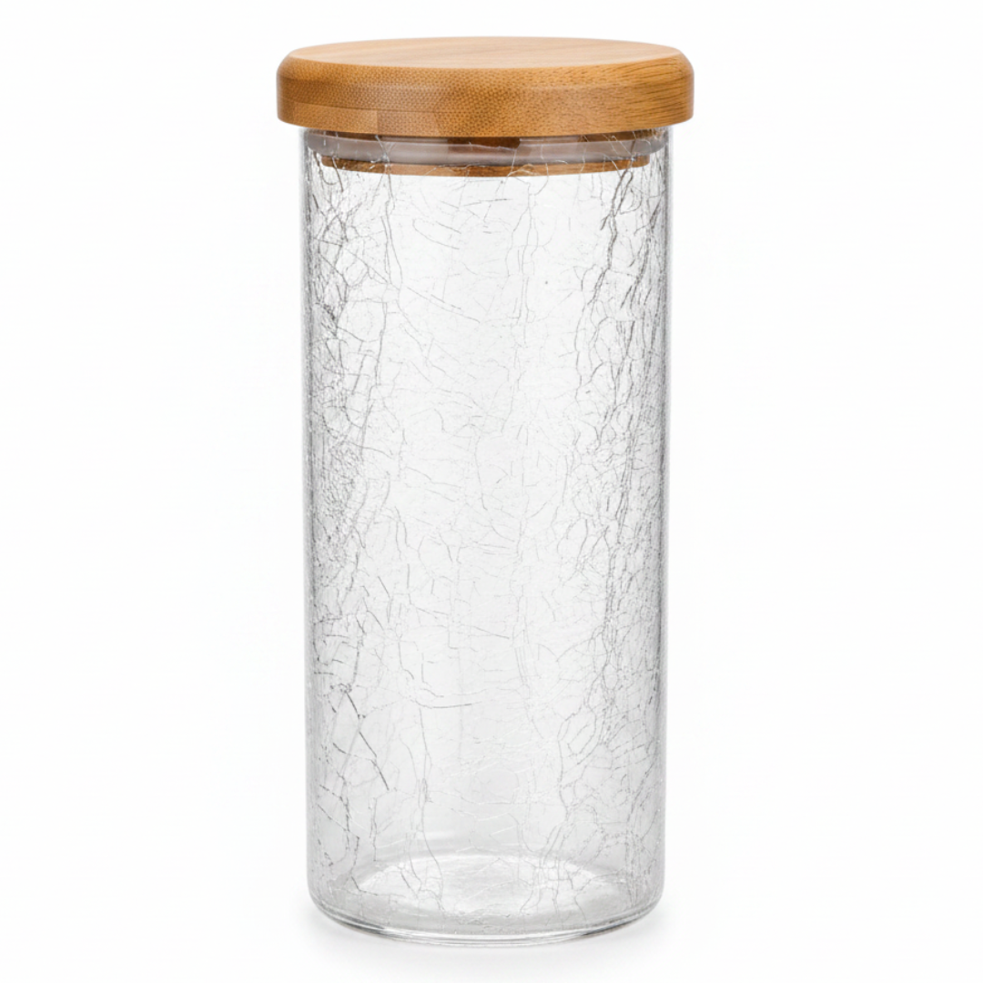 Ameco Crackle Glass Canister with Acacia Wooden Lid | Airtight Kitchen Storage Jar | 500ml / 1000ml |