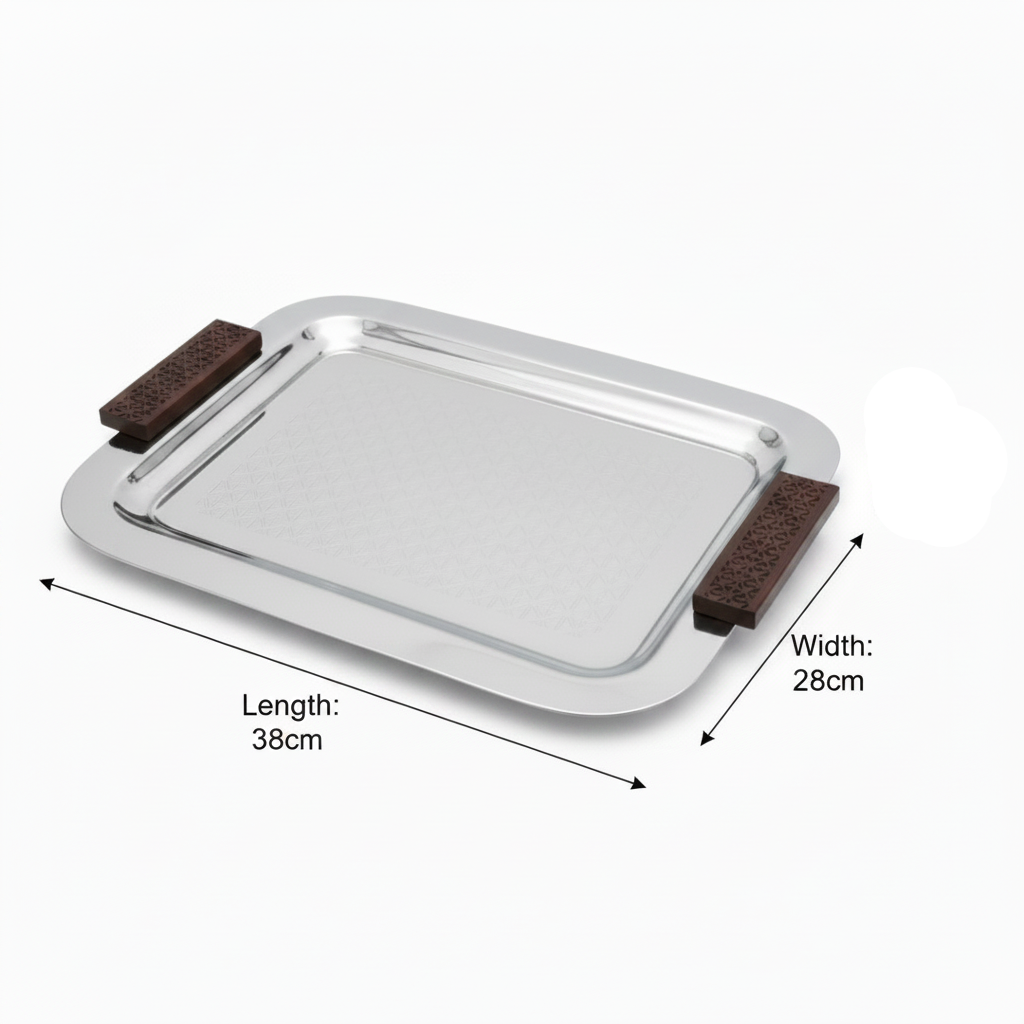 Luhpar Rectangle Stainless Steel Serving Tray with Wooden Handles - 38×28cm