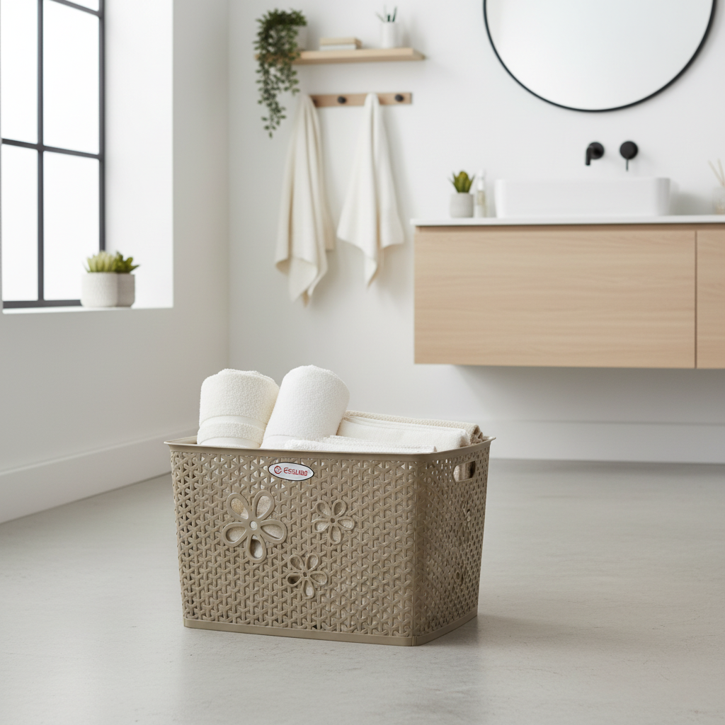 Esqube Plastic Laundry Basket with Floral Lattice Design - 25 × 40 × 33 cm - Brown / Beige / Light Blue / Grey