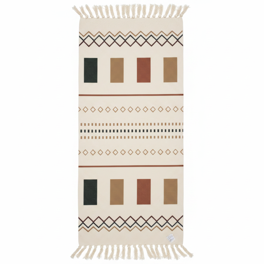 Handwoven Moroccan-Style Geometric Runner Carpet | 50% Cotton 50% Polyester | Cream with Fringe Tassels | 60 x 150 cm