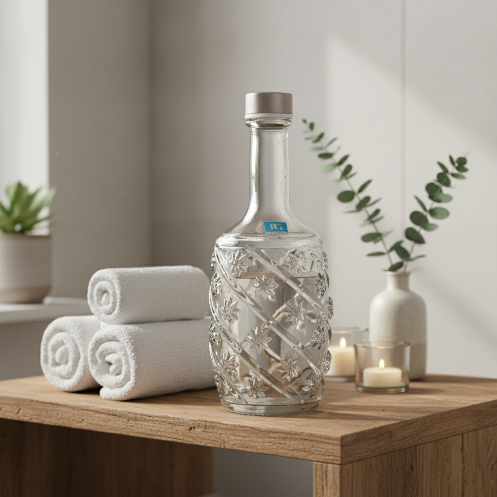 Pishgaman Elegant Embossed Floral Glass Water Bottle 1 Litre – Premium Crystal-Clear Carafe with Silver Lid for Home, Dining & Gifting