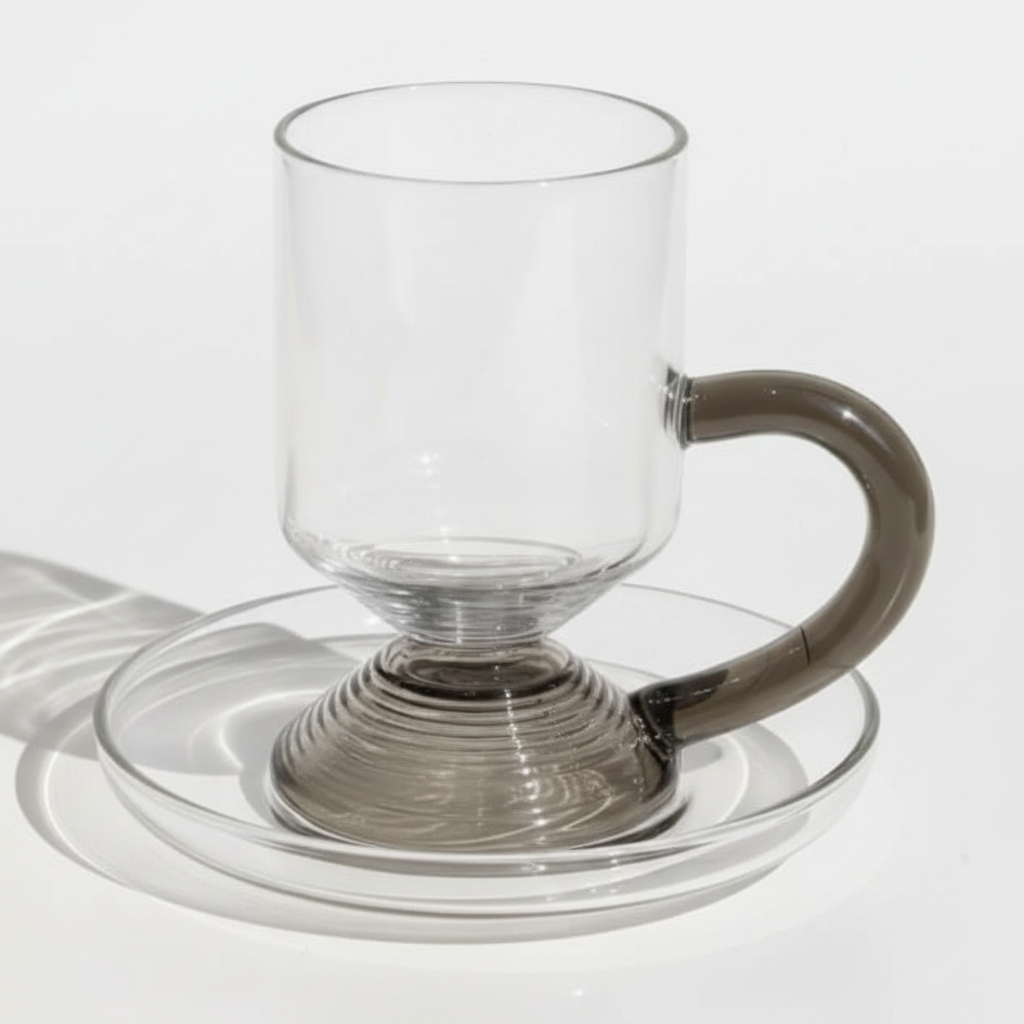 RAZ Levita 18-Piece Tea & Coffee Glass Set | Floating Handle | 6 Large Cups, 6 Small Cups & 6 Saucers | Gray