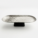 Luhpar Wave Textured Aluminium Oval Pedestal Dish With Black Wooden Base – 40×18×10 cm - 74894-A
