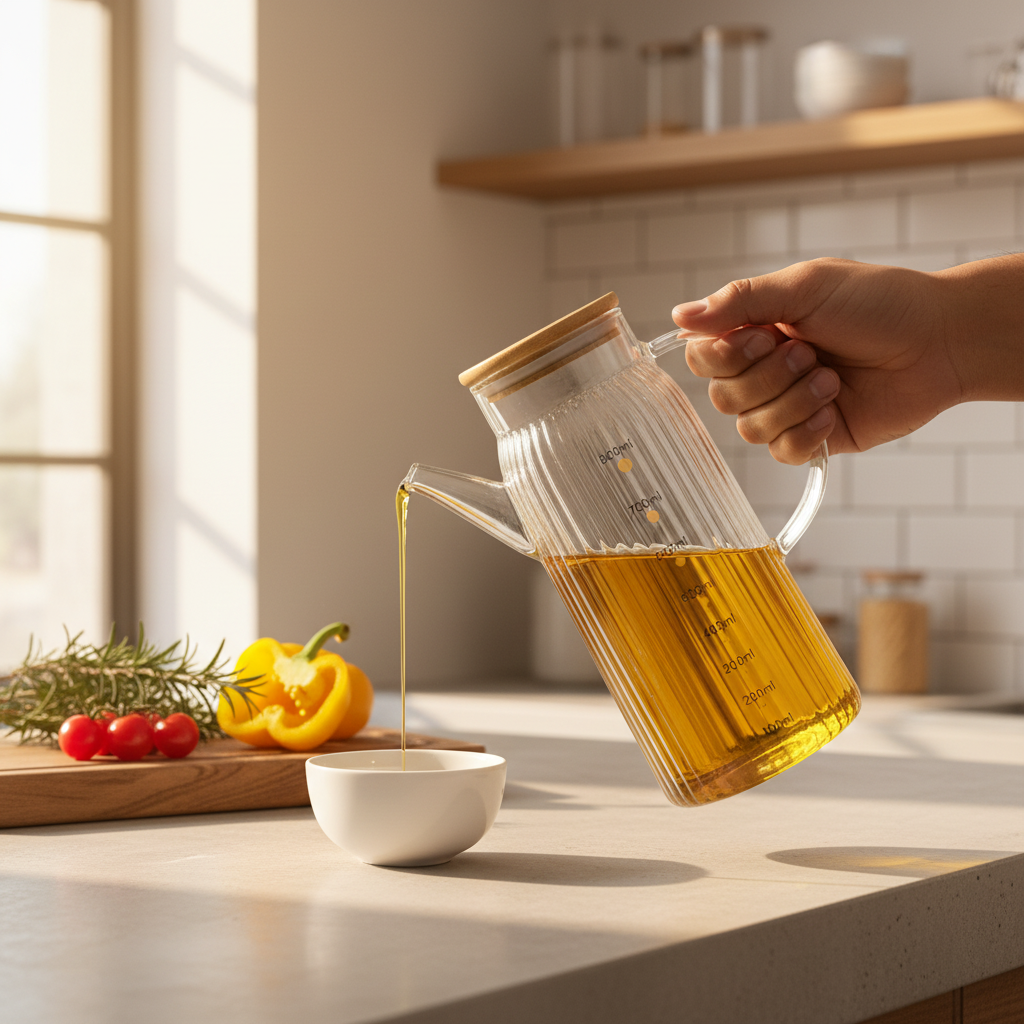 Ribbed Glass Oil Pot with Bamboo Lid - 800ml