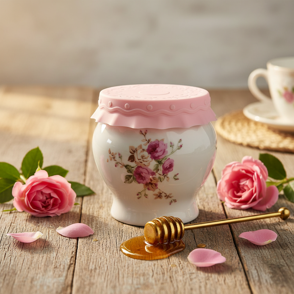Solecasa White Ceramic Honey Jar with Floral Design & Pink Silicone Lid — 300ml
