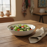 Vague White Melamine Salad Bowl with Navy Blue Arabesque Design & Rim — 7.5 Inch
