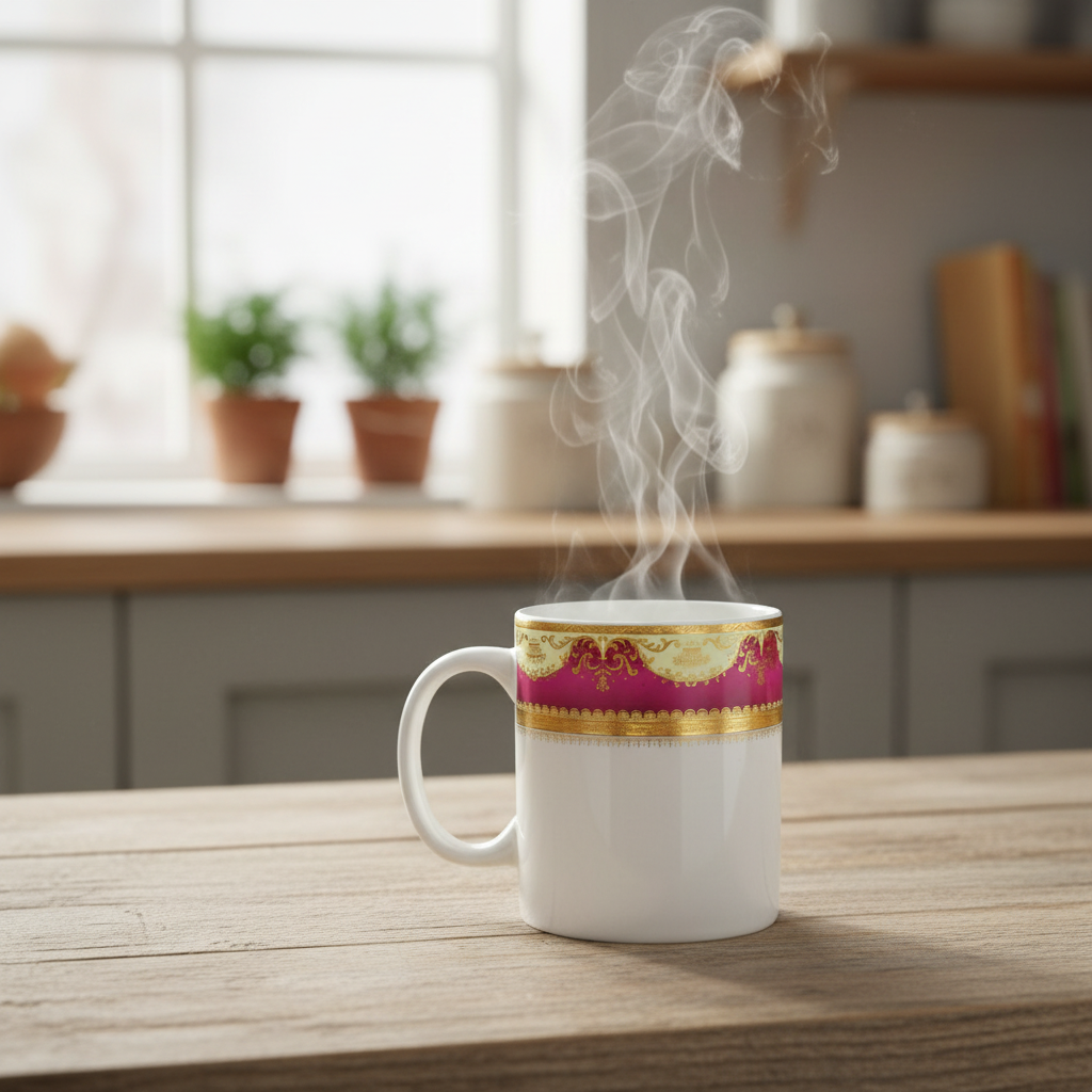 White with Pink & Gold Ornate Design Ceramic Mug - 300ml