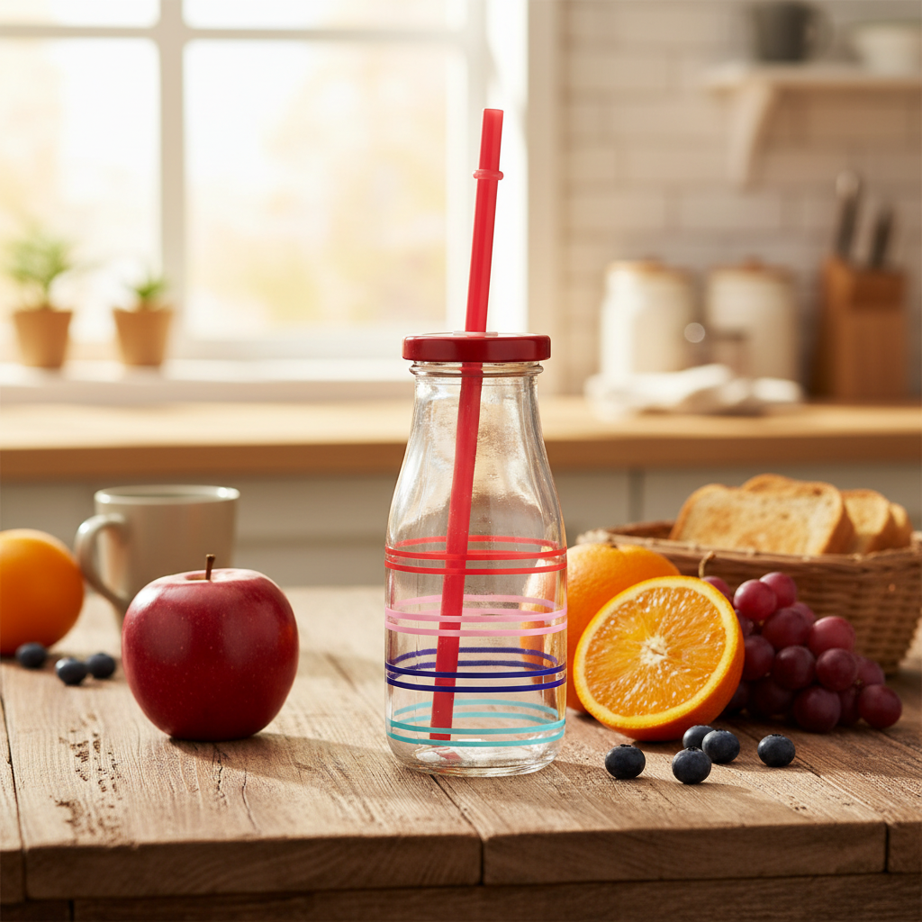 Striped Glass Bottle with Straw Lid – 350ml