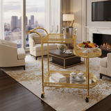 Pilsco 3-Tier Gold Metal & Mirrored Glass Serving Trolley Cart with Crystal Finials & Ornate Filigree Design | Luxury Hospitality & Majlis Tea Trolley on Wheels | 70 x 60 x 34 cm
