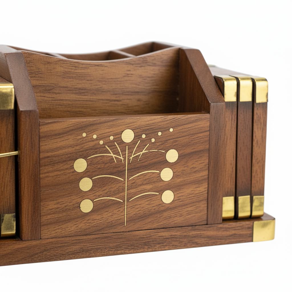 Wooden Pen Organizer with Brass Accents - 15×9 cm