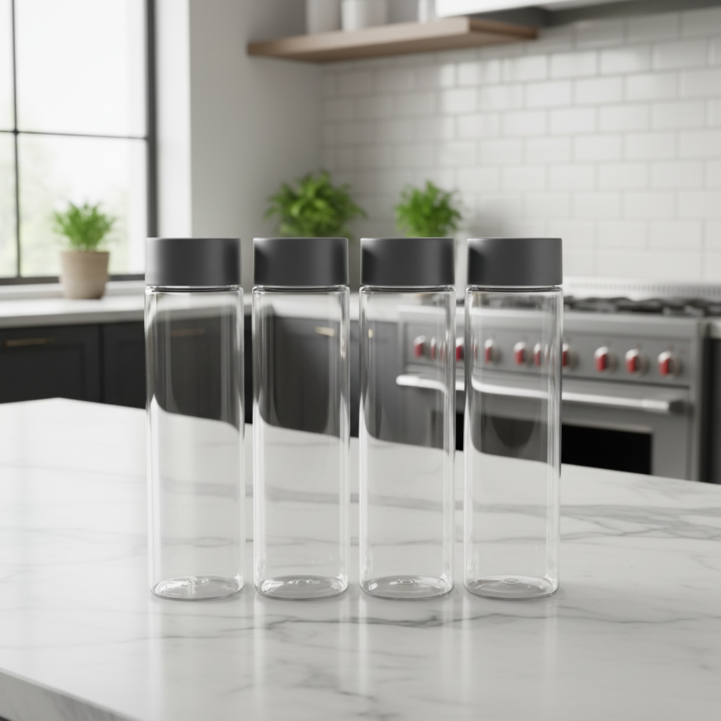 Jiham 4-Piece Clear Plastic Juice Bottles Set - 500ml - Grey Screw Cap
