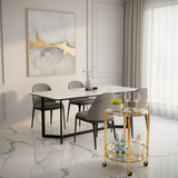 عربة تقديم ماي فلاور دائرية فاخرة ذات طبقتين من المعدن والزجاج باللون الذهبي | تصميم ماسي هندسي وعجلات دوارة | 67 × 48 سم | ديكور فاخر للمنزل والمجلس