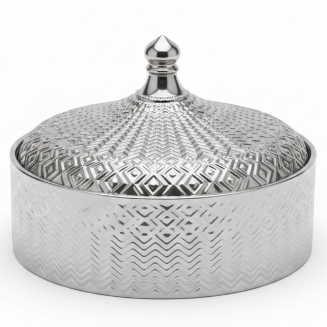 Luxury Ceramic Candy Bowl with Lid | Embossed Geometric Design | 23×7.5 cm | Gold & White,Silver & White |