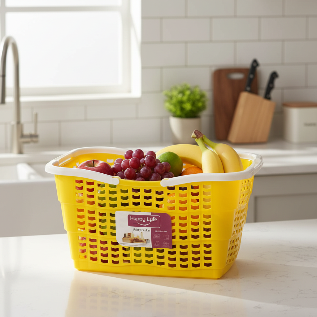 Happy Lyfe Plastic Utility Basket with Handle - 45×30×23cm - Yellow / Pink / Green / Light Blue