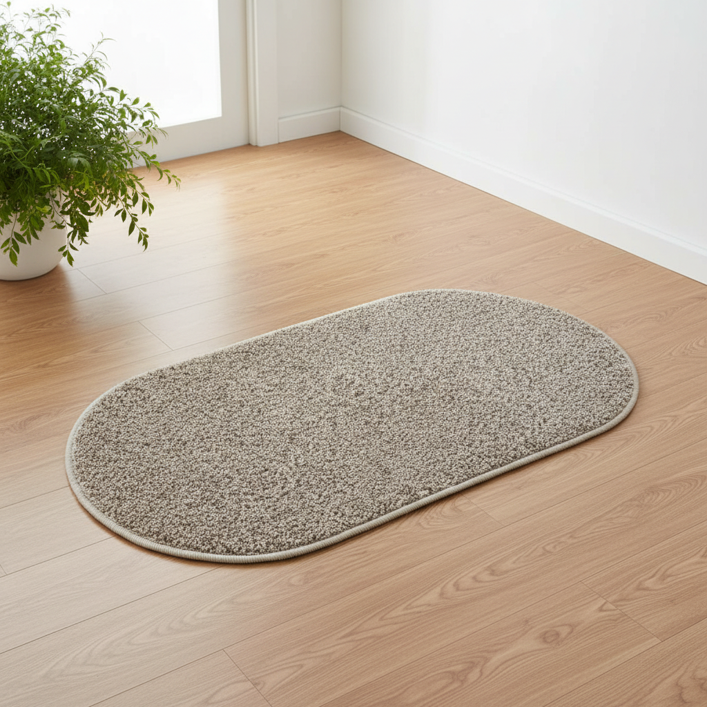 Oval Door Mat 62×38cm | Soft Loop Pile Rug | Non-Slip Entrance Mat for Home, Bathroom & Living Room | Beige Speckled Design | Durable Serged Edges
