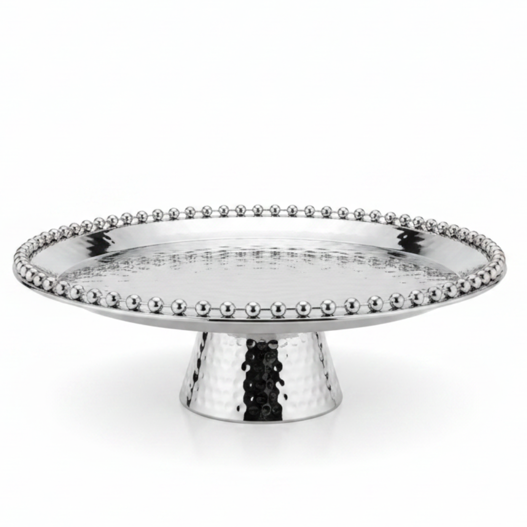 Silver Metal Footed Round Candy & Dates Tray with Beaded Rim | Hammered Pedestal Serving Dish |