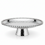 Silver Metal Footed Round Candy & Dates Tray with Beaded Rim | Hammered Pedestal Serving Dish |