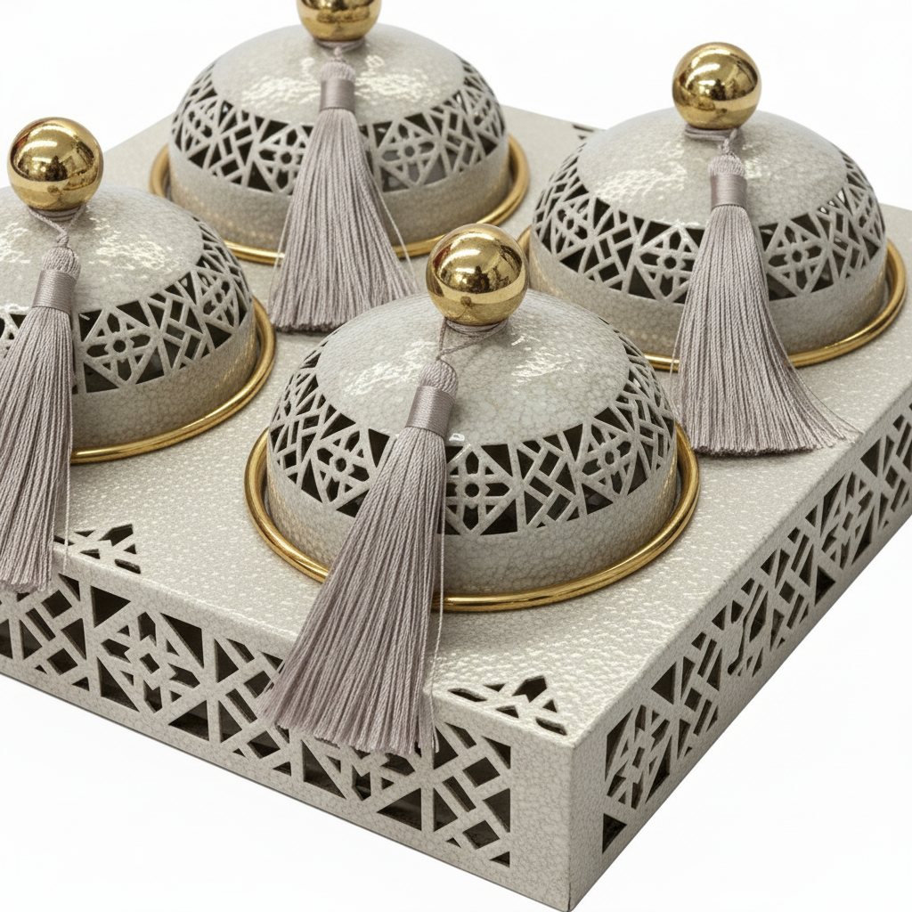 Cream & Gold Metal 4-Piece Candy Bowl Set with Tray - 27×27 cm