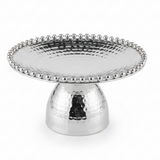 Silver Metal Footed Round Candy Tray | Hammered Finish with Beaded Edge | Elegant Serving Pedestal Stand |