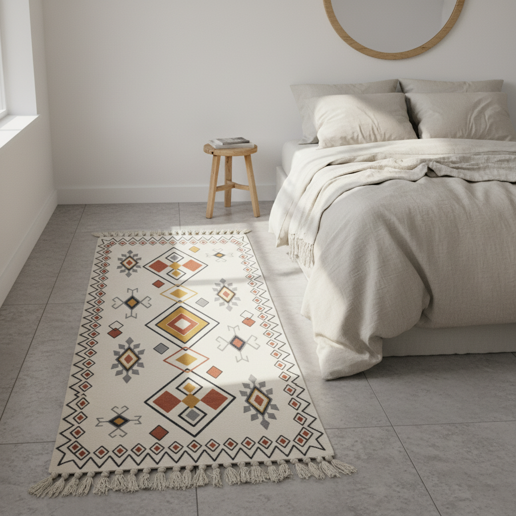 Handwoven Kilim Runner Carpet | Southwestern Geometric Pattern | 50% Cotton 50% Polyester | Fringe Tassels | 60×150 cm | Cream, Terracotta & Gold | Boho, Majlis & Modern Décor