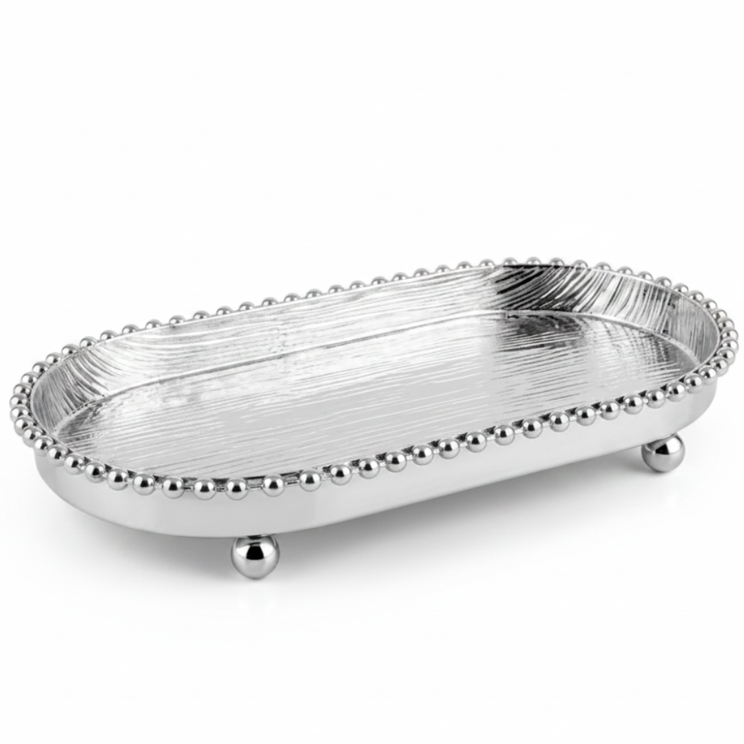 Silver Metal Oval Candy & Sweets Serving Tray with Beaded Pearl Border and Ball Feet — 20×10 cm