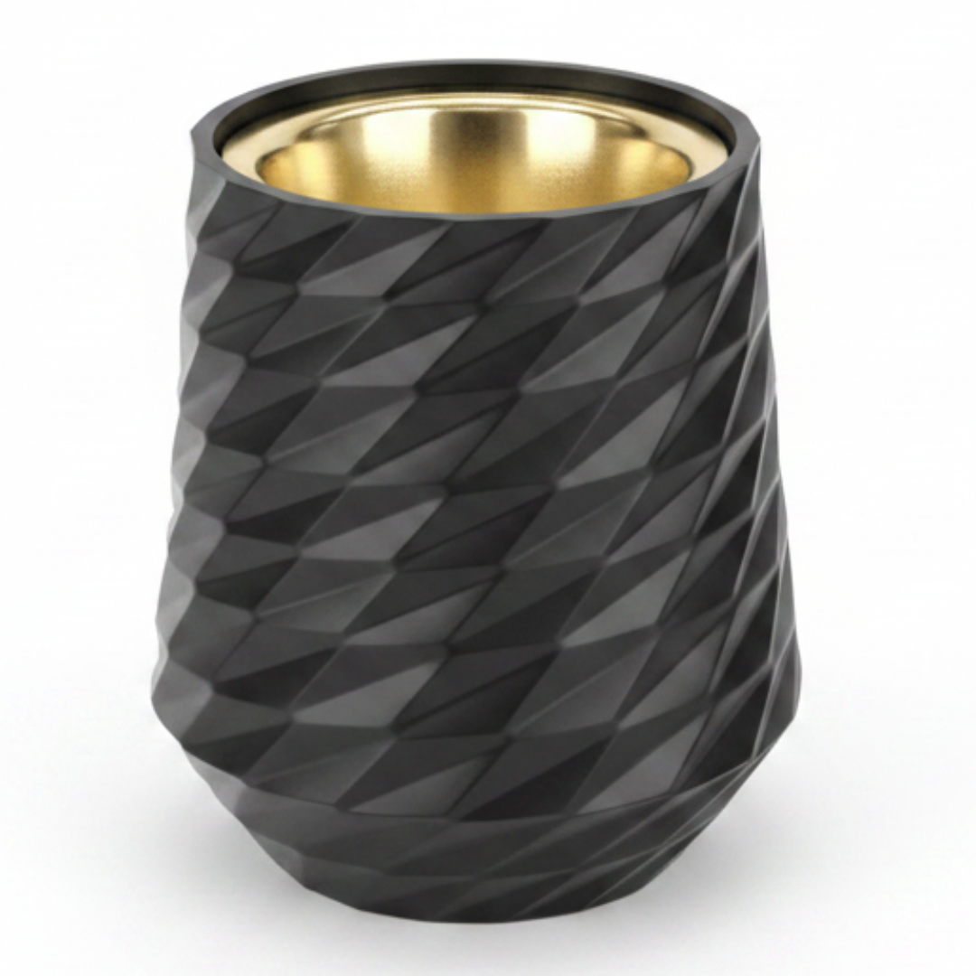 Black Elegant Geometric Ceramic Incense Burner with Gold Brass Interior | 10×7cm
