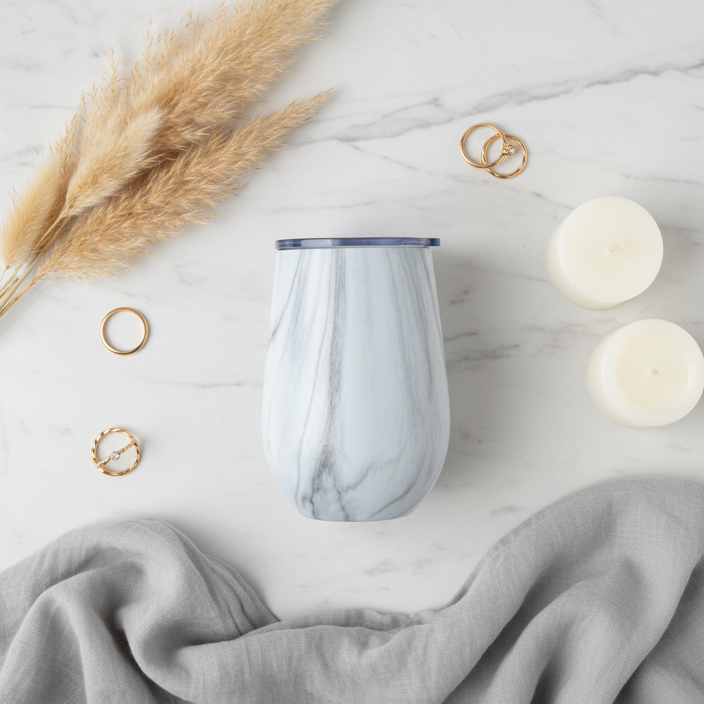 Elegant White Marble Stainless Steel Vacuum Cup with Lid | 360ml