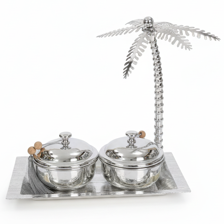 AKDC Rectangular Metal Tray with 2 Candy Bowls – Luxury Silver Finish, Party & Dining Serving Set, 30 × 29 × 17 cm